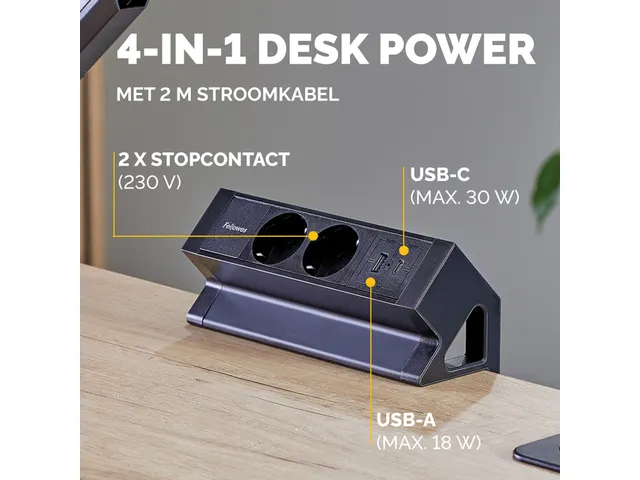 Stekkerdoos Fellowes Power Desk F 2voudig incl USB A en C 2m zwart