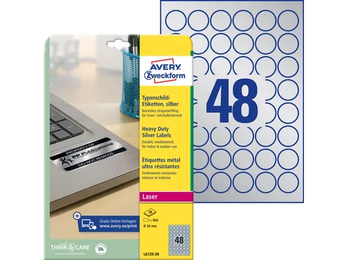 Etiket Avery L6129-20 rond 30mm zilver 960stuks