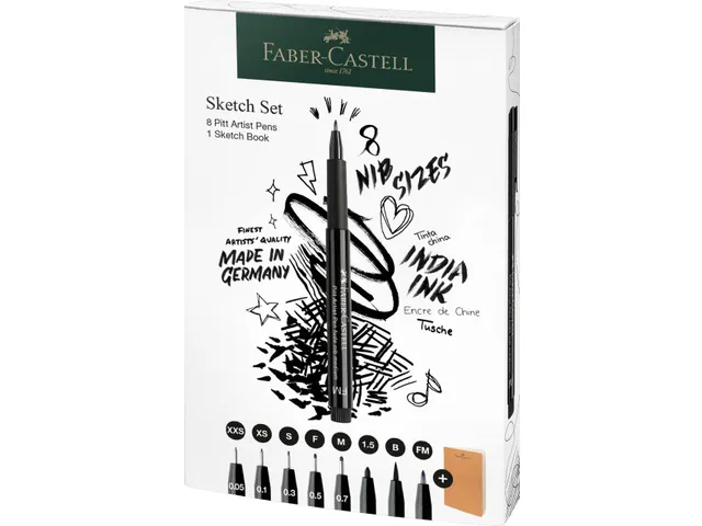 Tekenset Faber-Castell 8x pitt artist pen zwart incl. schetsboek 140gr