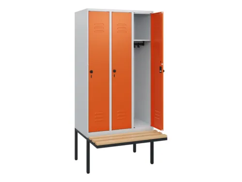 locker met bank,HxBxD 1950x900x815mm,3vak,vak B 300mm,draaigrendel
