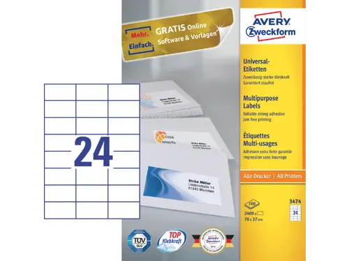 Etiket Avery Zweckform 3474 70x37mm wit 2400stuks