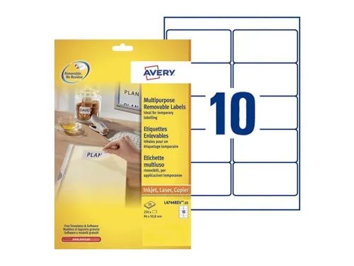 Etiket Avery L4744REV-25 96x50.8mm Afneembaar Wit 250 Stuks