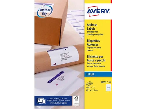 Etiket Avery J8651-100 38.1x21.2mm Inkjet wit 6500 stuks