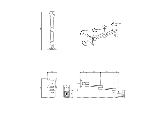 Bras Support 1 Écran ViewLite 422 Rail Argent-Blanc
