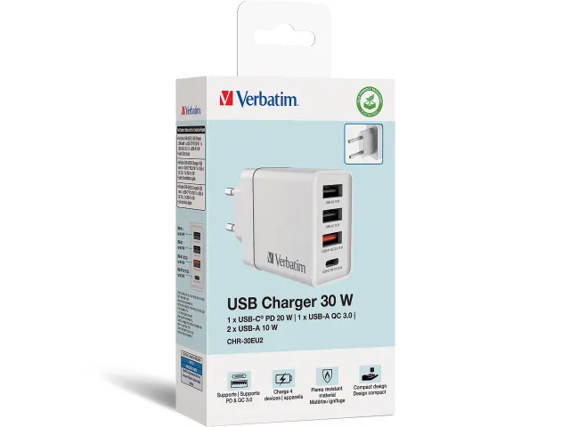 Chr-30Eu2 Oplader 30W Wit 1x USB-C 1x USB-A 3.0 2x USB-A 10W