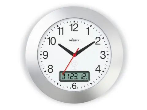 Radiowandklok Ø 30cm Cijferaanduiding Datumaanduiding Zilver