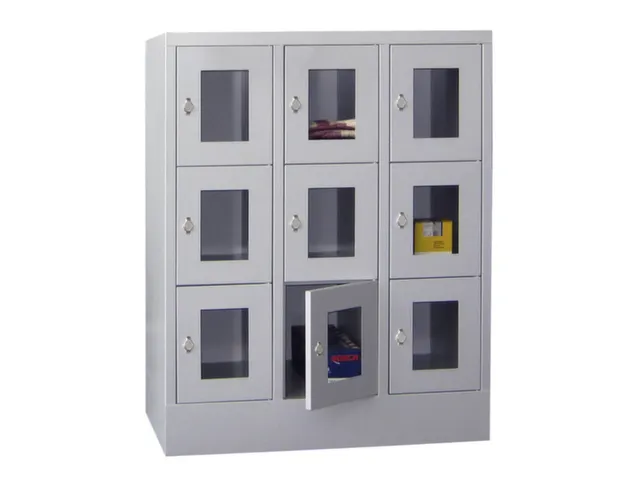 lockerkast,HxBxD 1187x900x500mm,3x3vakken,RAL7035,front RAL5010