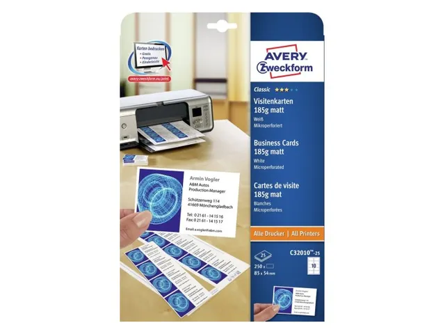 Visitekaart Avery Zweckform C32010-25 85x54mm 185gr 250 stuks