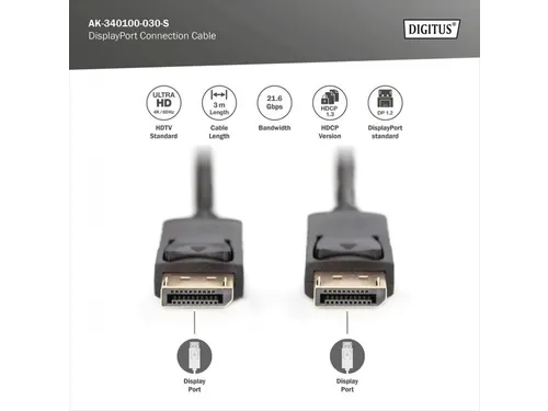 DisplayPort-aansluitkabel type DP M/M 3m UHD 4K DP 1.2 Zwart