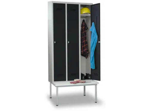 locker met bank,HxBxD 2150x1200x500mm,3vak,RAL7035,front RAL7016