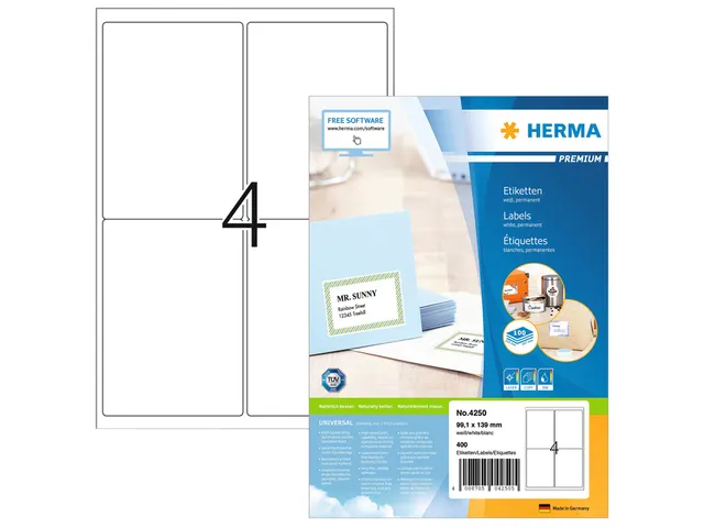 Herma 4250 Premium Adresetiketten A4 99.1x139mm Wit 400 stuks
