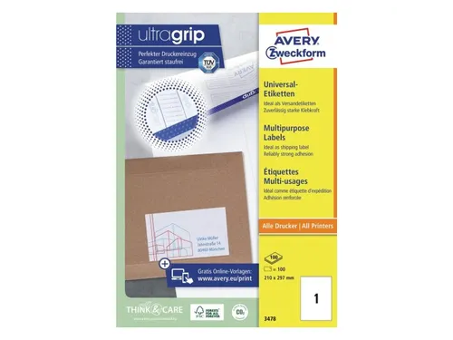 Etiket Avery Zweckform 3478 210x297mm A4 wit 100stuks