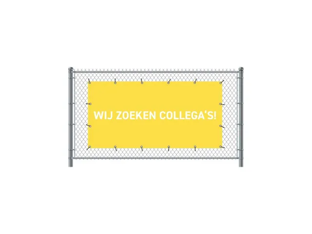 Hekwerkbanner 200x100 cm Geel met Print Wij zoeken collega's