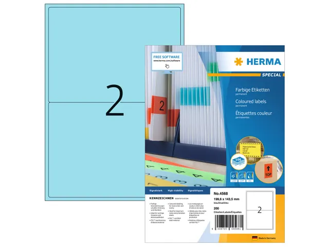 HERMA 4568 Gekleurde etiketten A4 199,6x143,5mm Blauw 200 stuks