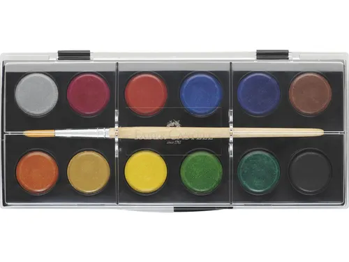 Waterverfdoos Faber-Castell 12 kleuren (diameter 24mm) incl. penseel