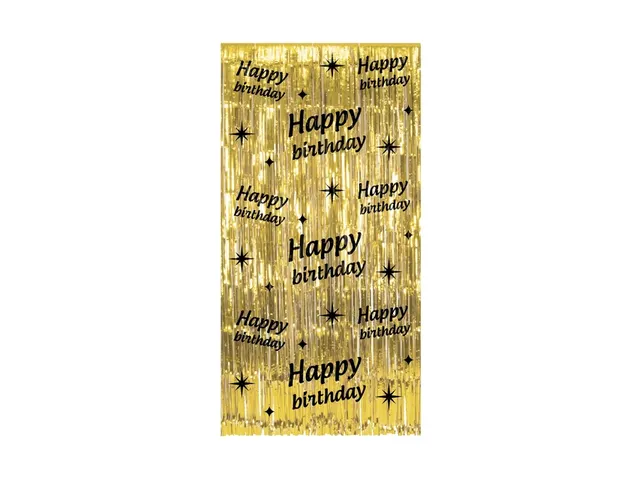 Feestgordijn Classy Party Curtain 'Happy Birthday' Goud-Zwart 1x2m