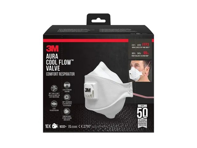 Stofmasker 3M Aura Comfort Cool Flow 9332 FFP3 met ventiel 10 stuks