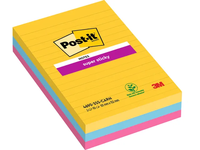 Memoblok 3M Post-it 4690 Super Sticky 101x152mm lijn Rio Assorti