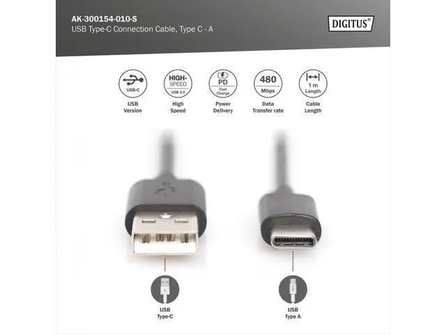 USB Type-C-aansluitkabel Type C naar A St/St 1m 3A, 480 MB 2.0 Zwart
