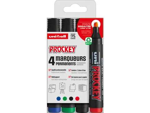 permanent marker Prockey PM-126, schuine punt, large, etui van 4 stuks
