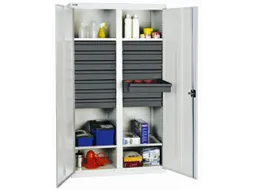 Materiaalkast 1800x1000x500mm 4legborden Uitschuifbaar 14laden Ral7035