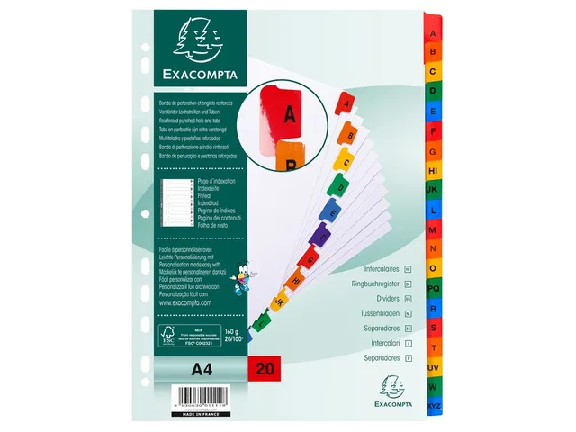 Intercalaires Imprimés Alphabétiques Carte Blanche 160g - 20 Positio