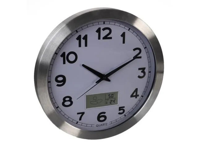 Aluminium Wandklok Lcd-display Thermometer Hygrometer & Weer 35.5cm