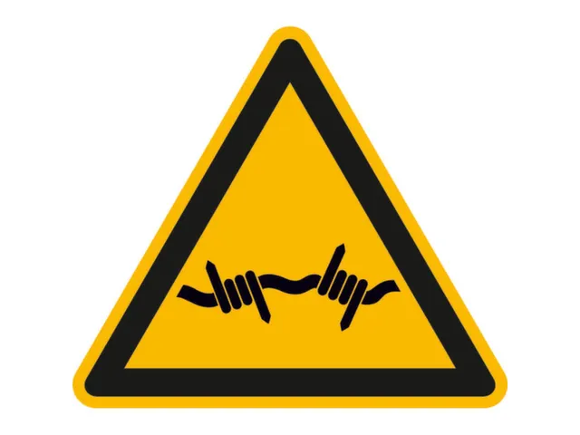 waarschuwingsbord,v. binnen/buiten,Waarschuwing voor prikkeldraad