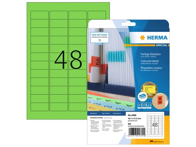 Etiket Herma 4369 A4 45.7X21.2Mm Verwijderbaar Groen 960Stuks | HermaLabels.be