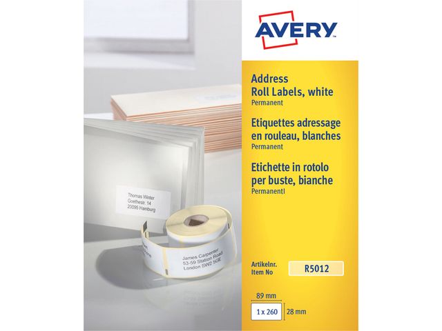 Etiket Avery R5012 thermisch 89x28mm wit 260stuks