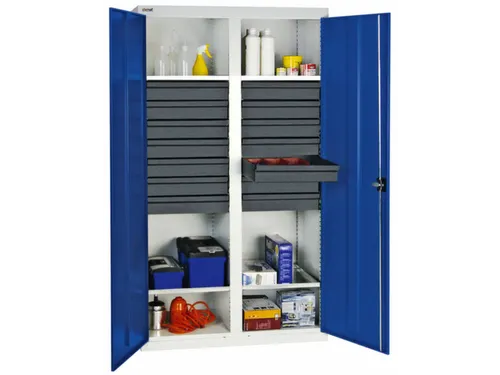 Materiaalkast 1800x1000x500mm 4legborden Uitschuifbaar 14laden Ral5010