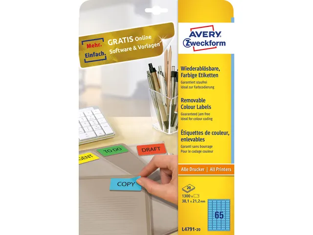 Gekleurde etiketten Avery L4791-20 38,1x21x2mm Blauw 1300 stuks