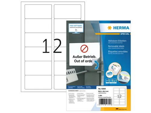HERMA 10304 Verwijderbare etiketten A4 88,9x46,6mm Wit 1200 stuks