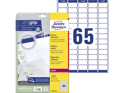 laseretiket Avery 38,1x21,2mm wit 25 vel 65 etiketten per vel
