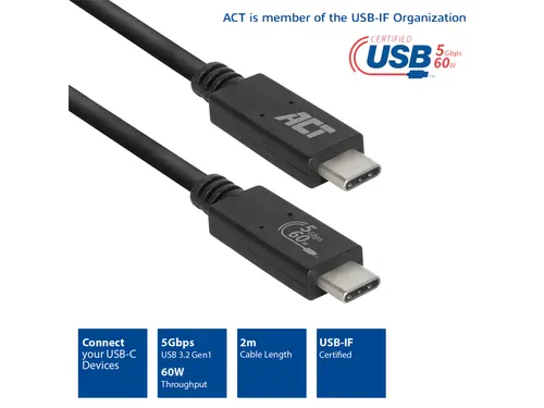 Kabel ACT USB 3.2 USB-C USB-IF gecertificeerd 2 meter