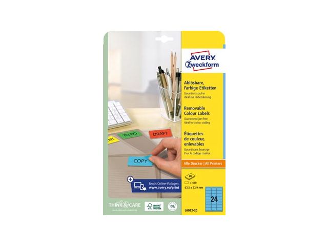 Avery Gekleurde Afneembare Mini-Etiketten ft 63.5x33.9mm Blauw | AveryEtiketten.be