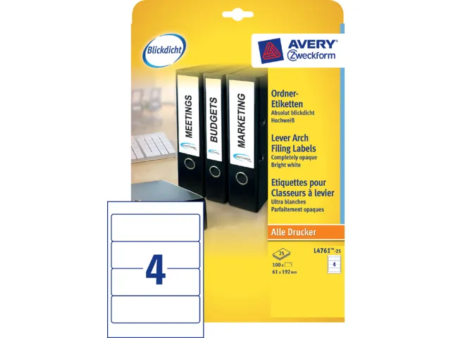 Avery L4761-25 Rugetiket 61x192mm Zelfklevend Wit 100 stuks