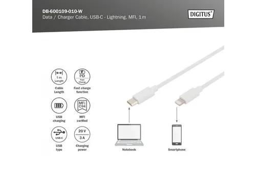 Gegevens-/oplaadkabel Lightning USB-C M/M 1m PVC MFI Wit 20V/3A 60W