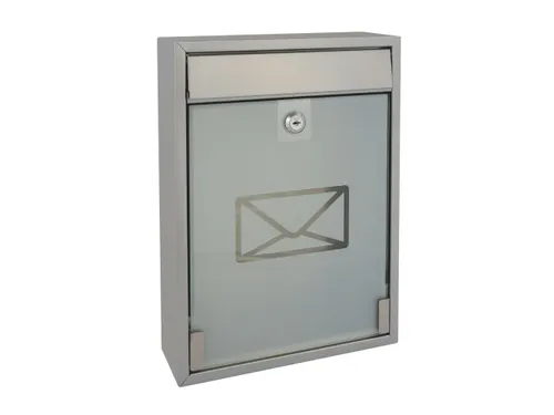 Brievenbus Milaan Zilver staal glazen front incl. 2 sleutels 36x26x8cm