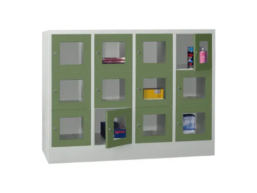 lockerkast,HxBxD 1187x1600x500mm,4x3vakken,RAL7035,front RAL6011