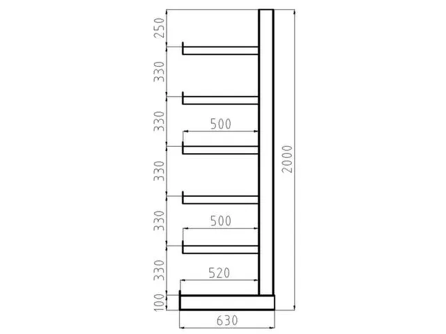 Rayonnage canitlever universel HxlxP 2000x6750x630mm 6bras (pied inclu