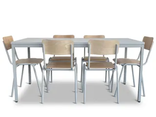 Kantineset,6Stoelen,1Tafel,Zitting Beuken Multiplex Natuur,Blad Grijs - 1