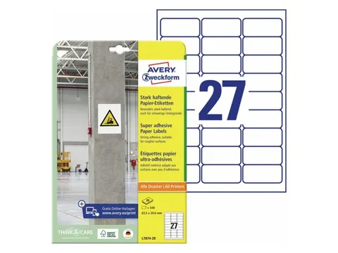 Avery Zweckform L7874 Sterk klevende etiketten A4 63,5x29,6mm 540 stuk