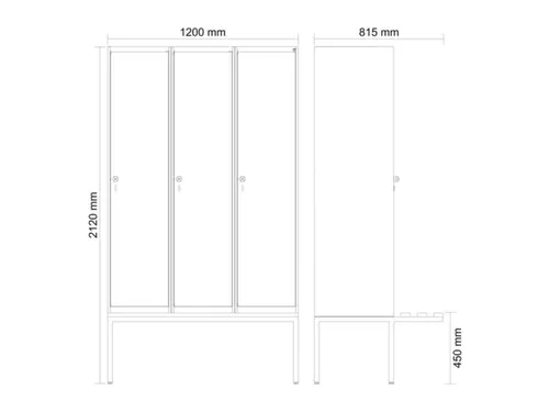 locker met bank,HxBxD 2120x1200x815mm,3vak,vak B 400mm,cilinderslot