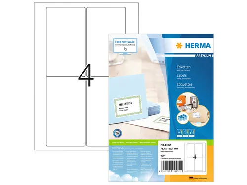 HERMA 4472 Premium Adresetiketten A4 78,7x139,7mm Wit 400 stuks