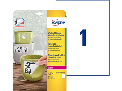 Etiket Avery L4775REV-20 210x297mm wit 20stuks