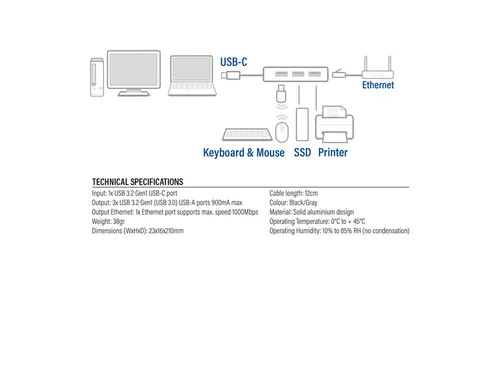 Hub ACT USB-C 3.0 3x USB-A Gigabit ethernet