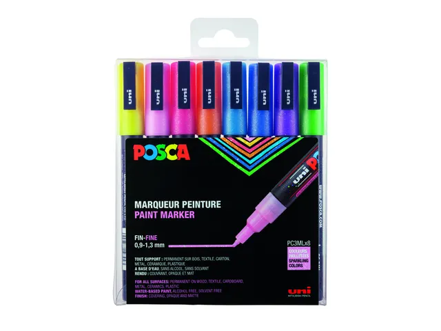Verfstift Posca PC3M Fijne punt 0,9-1,3mm 8 stuks glitter pastelkleure