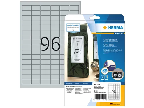 HERMA 4110 Zilver folie-etiketten A4 30,5x16,9mm Glossy 2400 stuks