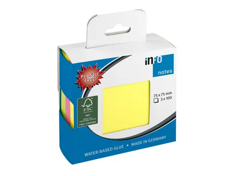 Notitieblok 75x75mm 3 x 100 blaadjes, 3 assorti kleuren, FSC, hanging